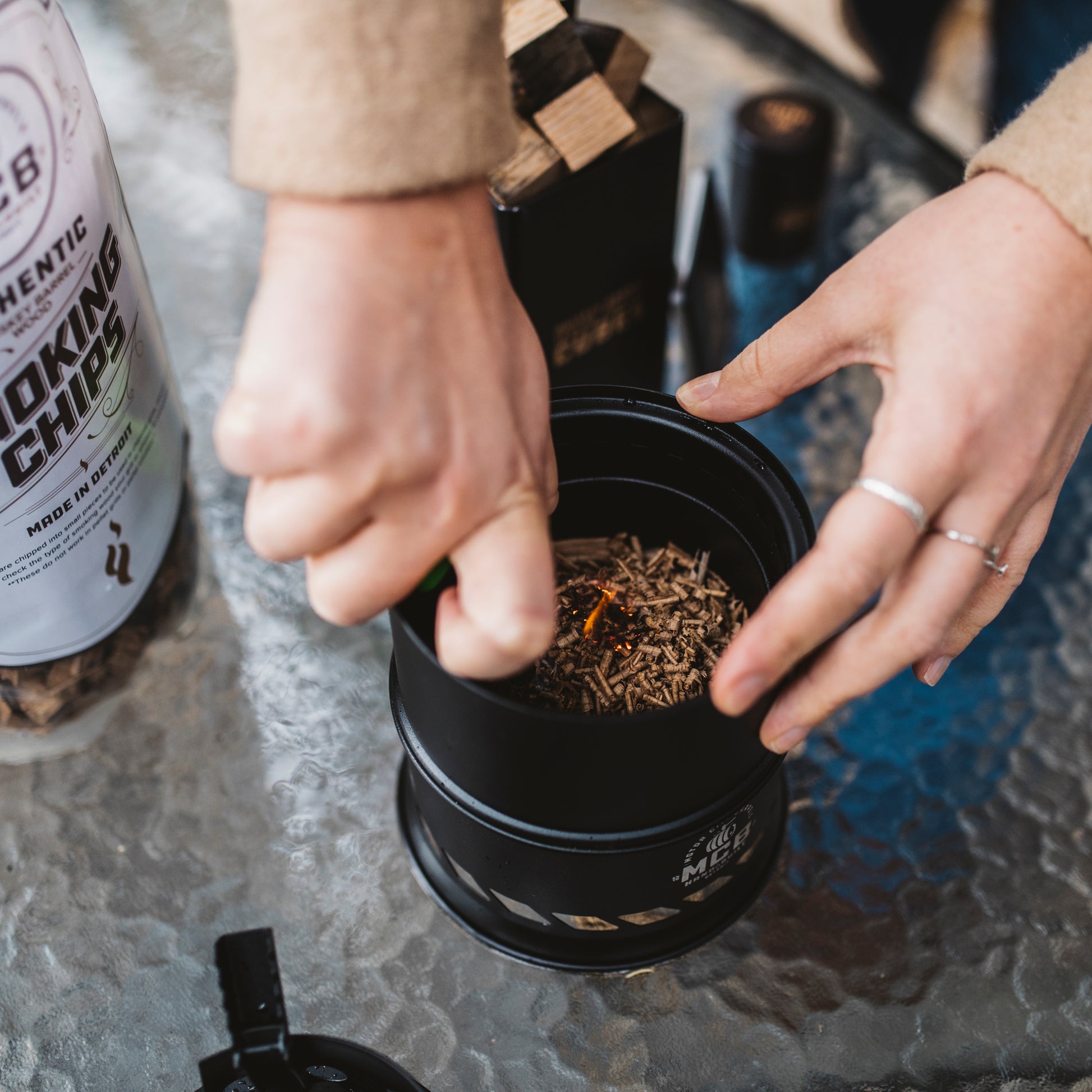 Mini Smokeless Campfire Pit with Smoking Wood Barrel Cubes - Motor City Barrels