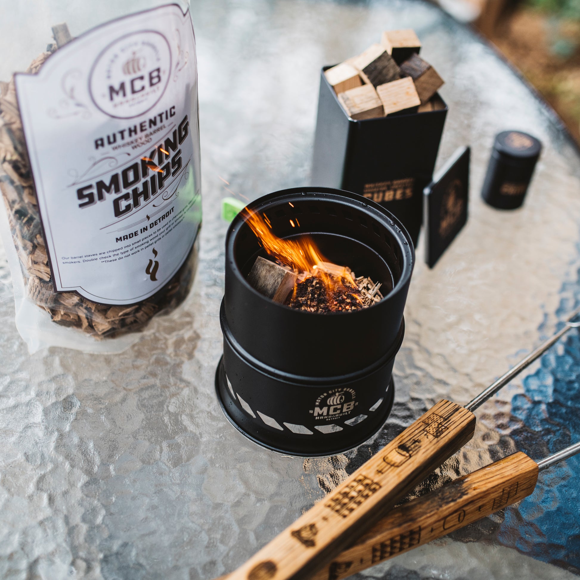 Mini Smokeless Campfire Pit with Smoking Wood Barrel Cubes - Motor City Barrels