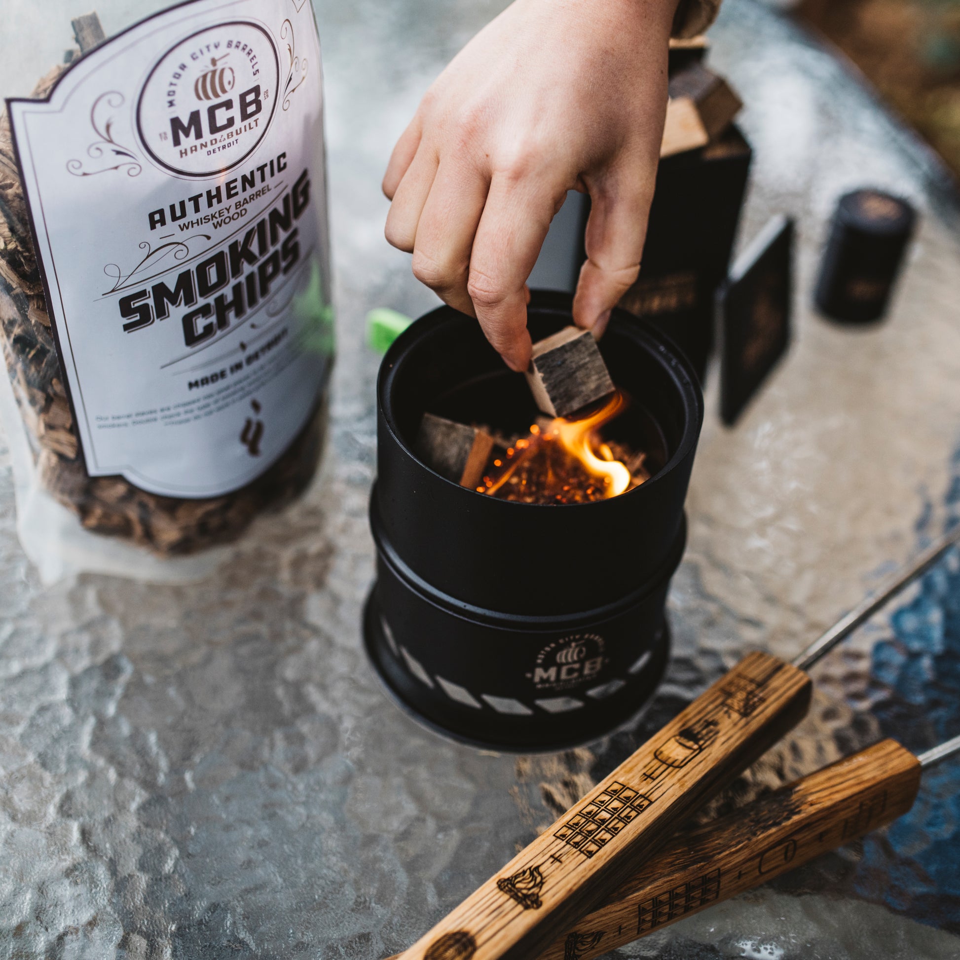 Mini Smokeless Campfire Pit with Smoking Wood Barrel Cubes - Motor City Barrels