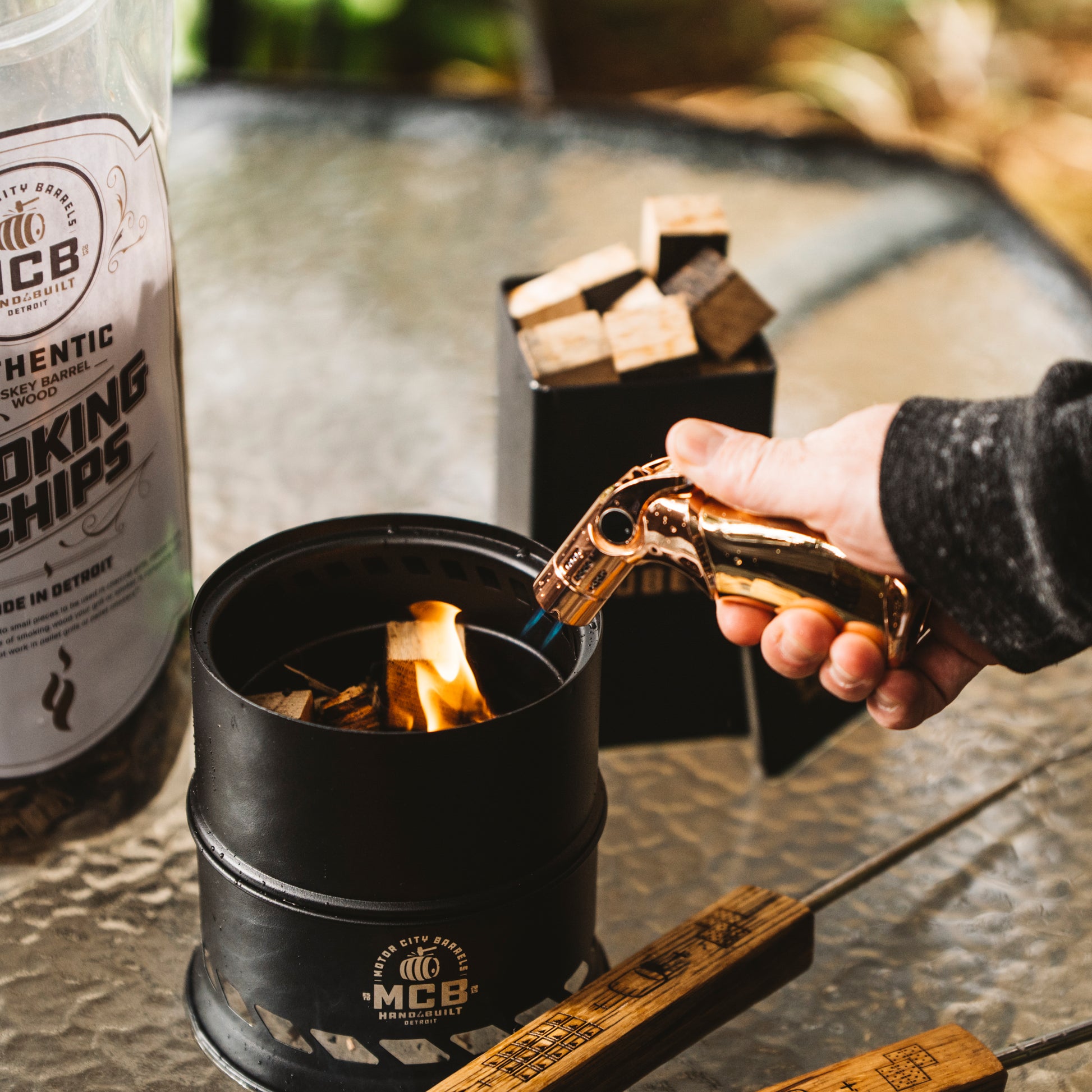 Mini Smokeless Campfire Pit with Smoking Wood Barrel Cubes - Motor City Barrels