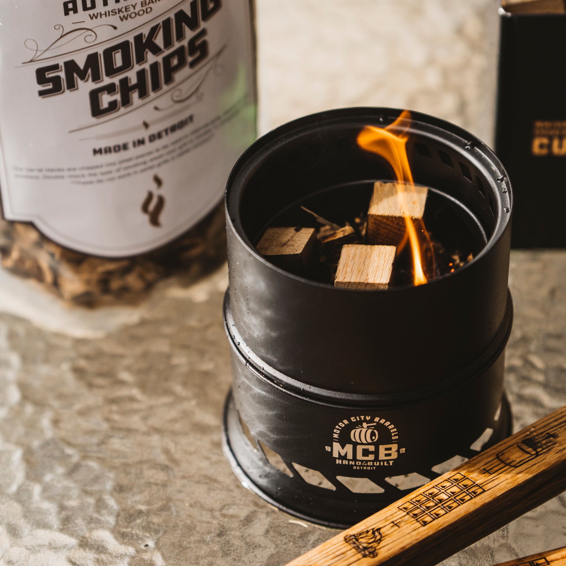 Mini Smokeless Campfire Pit with Smoking Wood Barrel Cubes - Motor City Barrels