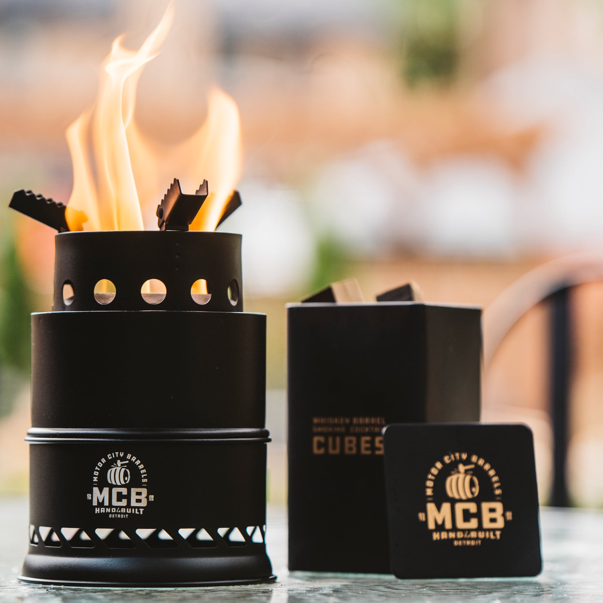 Mini Smokeless Campfire Pit with Smoking Wood Barrel Cubes - Motor City Barrels
