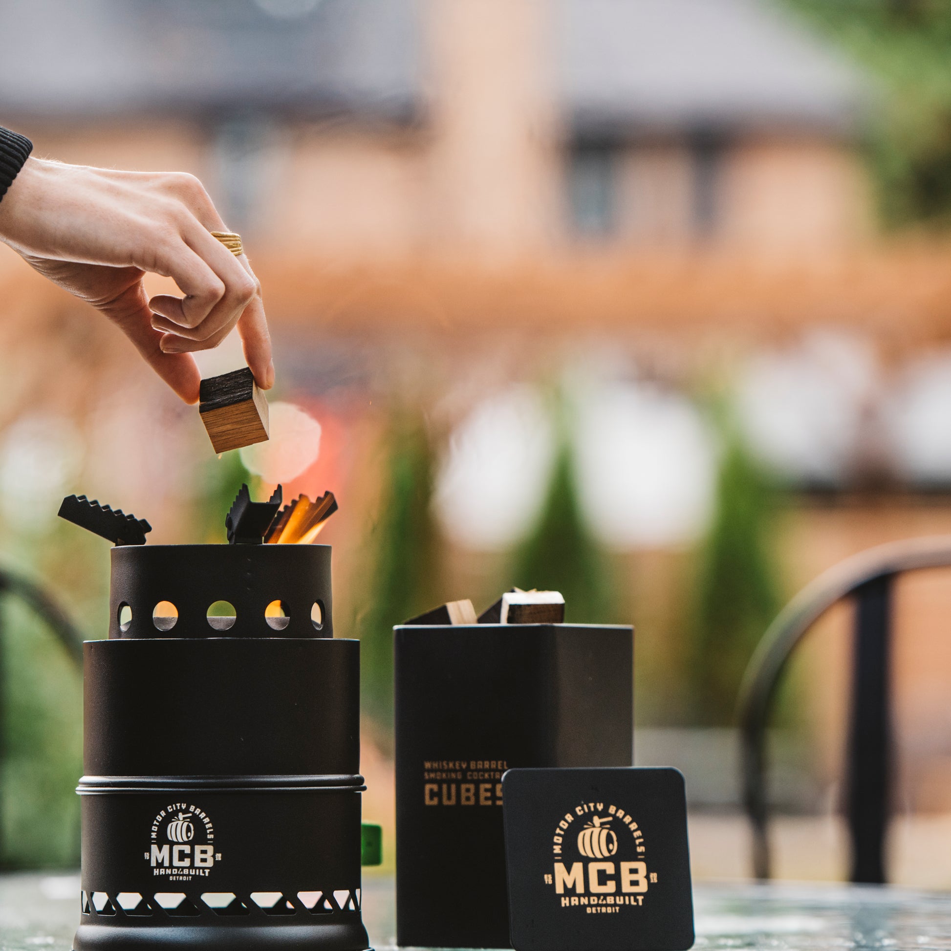 Mini Smokeless Campfire Pit with Smoking Wood Barrel Cubes - Motor City Barrels
