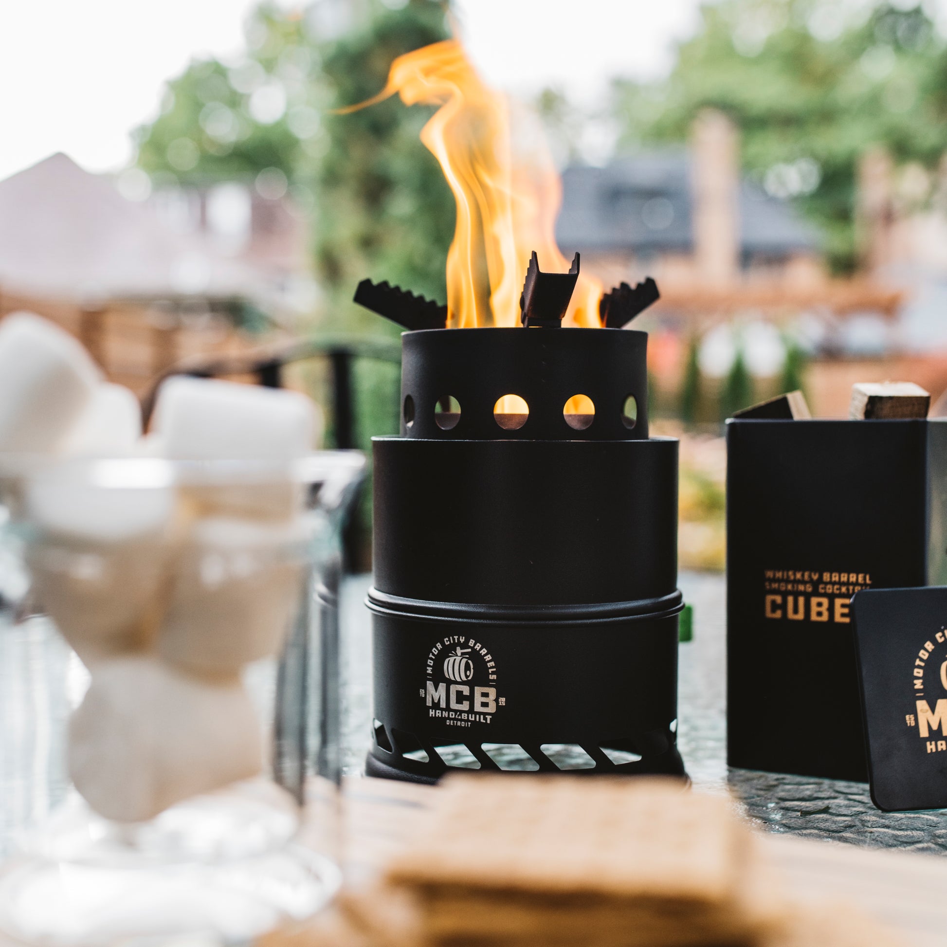 Mini Smokeless Campfire Pit with Smoking Wood Barrel Cubes - Motor City Barrels