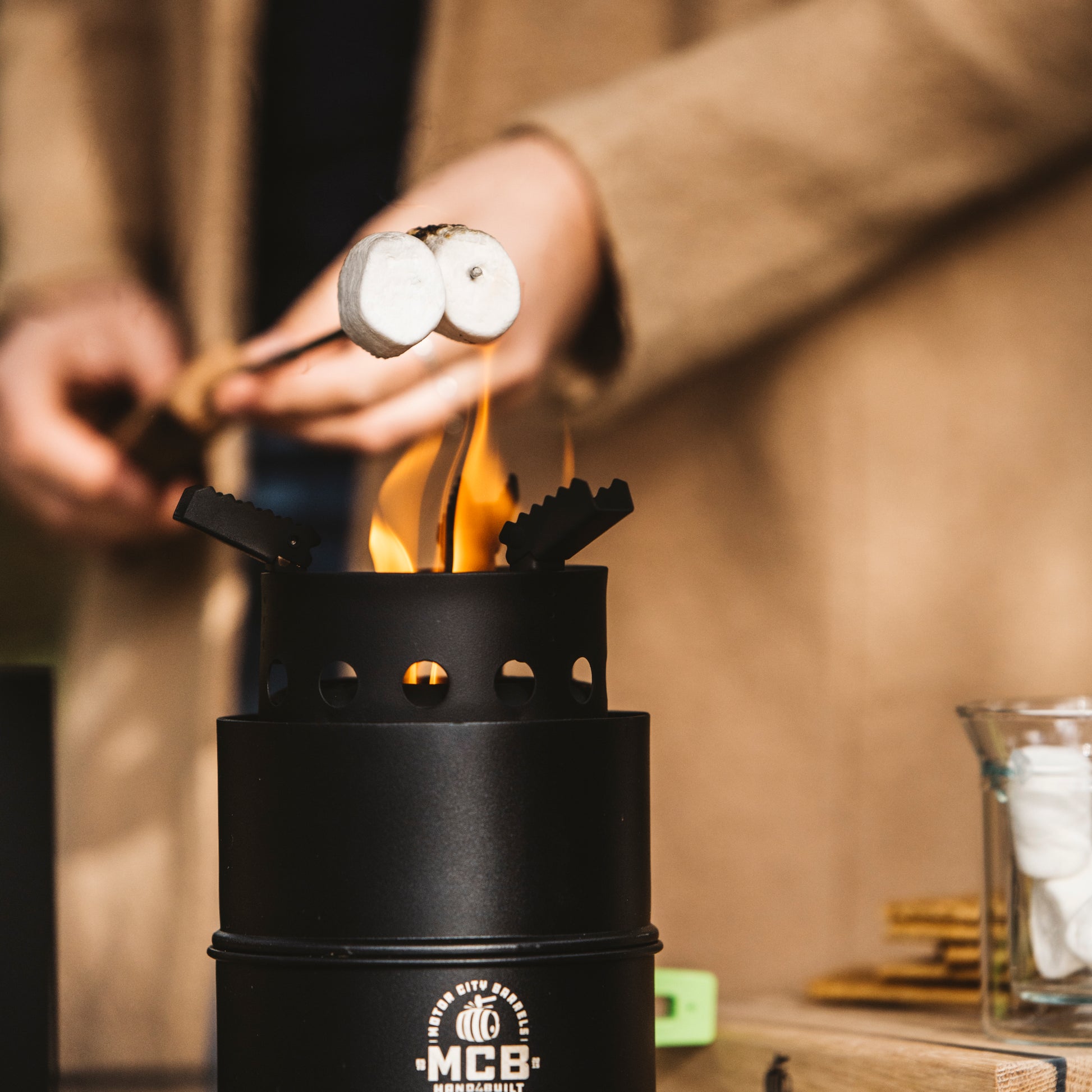 Mini Smokeless Campfire Pit with Smoking Wood Barrel Cubes - Motor City Barrels