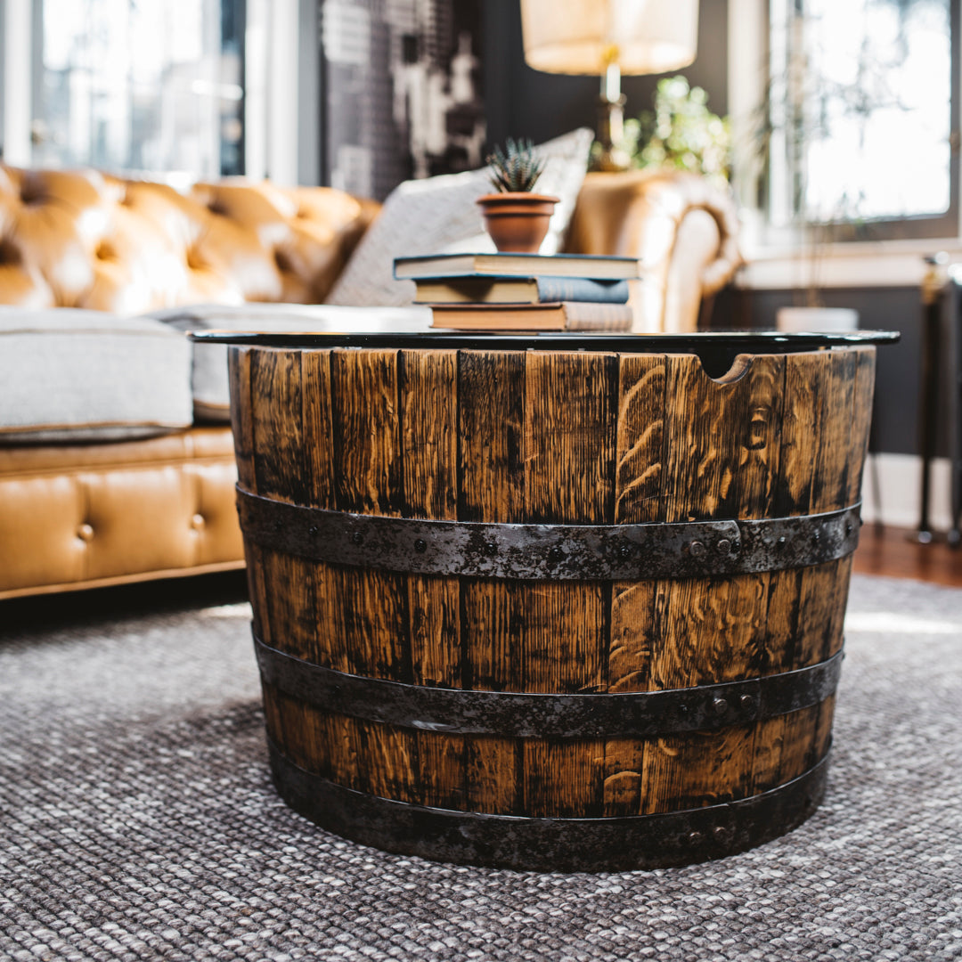 Tangible Minibar Barrel Wood Steel Whiskey Shelf Coffee Table Side
