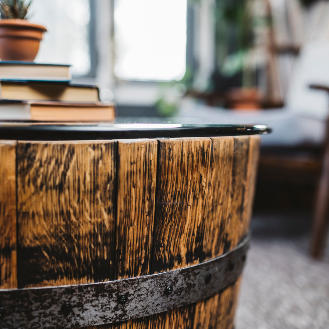 Whiskey barrel storage discount table