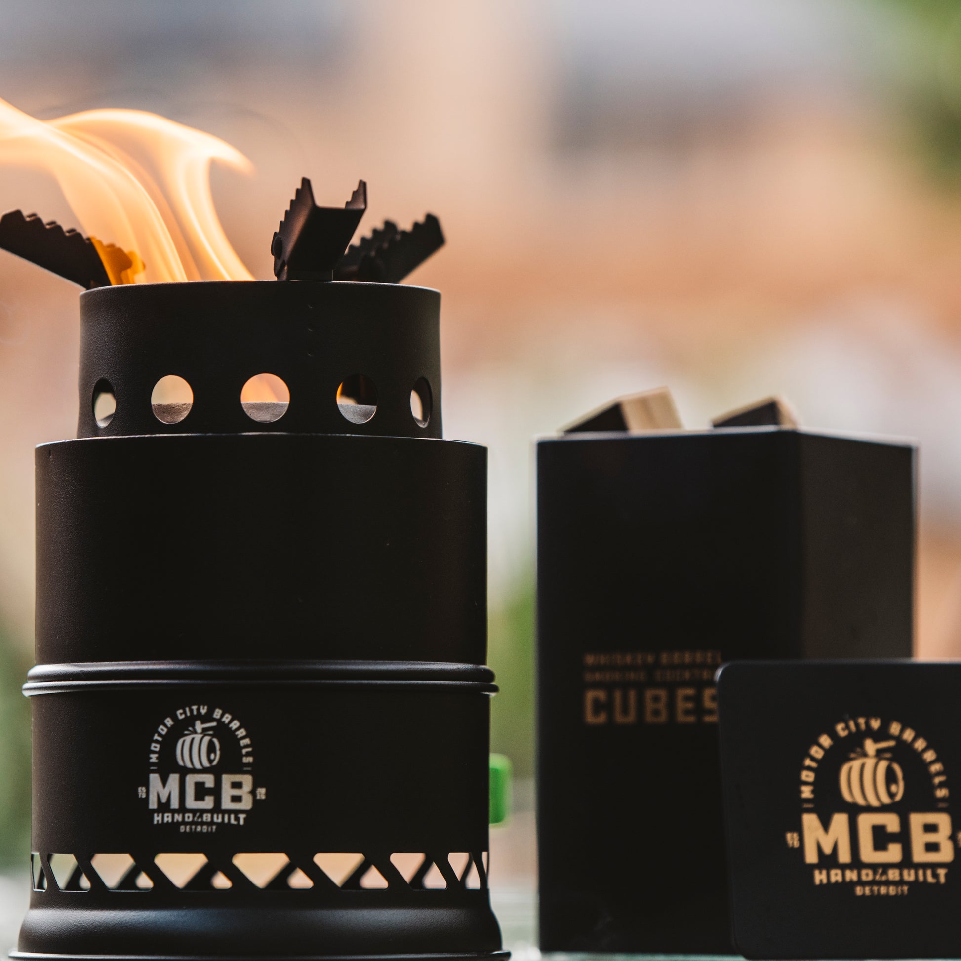 Mini Smokeless Campfire Pit with Smoking Wood Barrel Cubes - Motor City Barrels